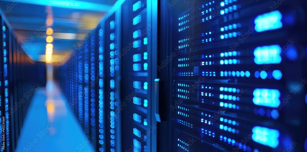 Poster close-up of glowing blue server racks in modern data center corridor, ideal for cloud computing cont