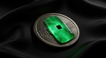 Jade coin on dark fabric
