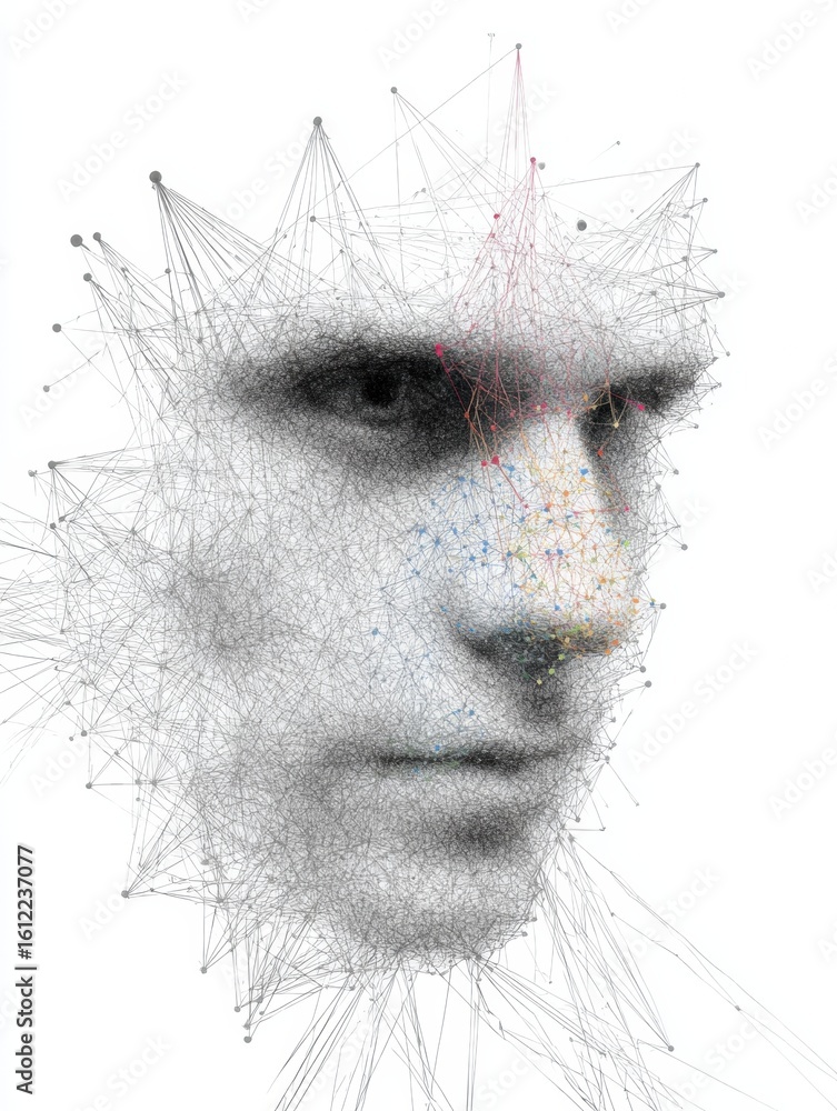 Poster neural network connections bridge artistry and technology in a digital face profile with a clear top