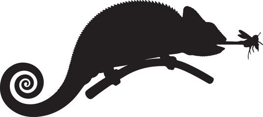 silhouette of a chameleon with curled tail and extended tongue catching an insect, on white background