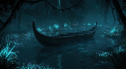 Dark, mystical swamp boat scene
