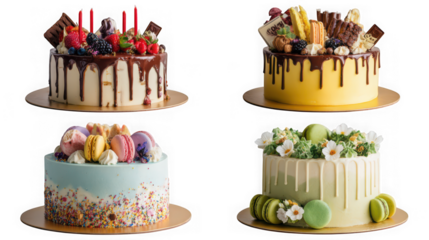 A delightful assortment of four beautifully decorated cakes, each a unique sweet masterpiece isolated on transparent background