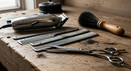 Naklejka premium Classic barbershop setup featuring traditional grooming tools laid out on aged wooden table, with visible hair trimmings and retro clipper, evoking an authentic workshop mood