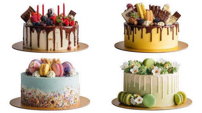 A delightful assortment of four beautifully decorated cakes, each a unique sweet masterpiece isolated on transparent background