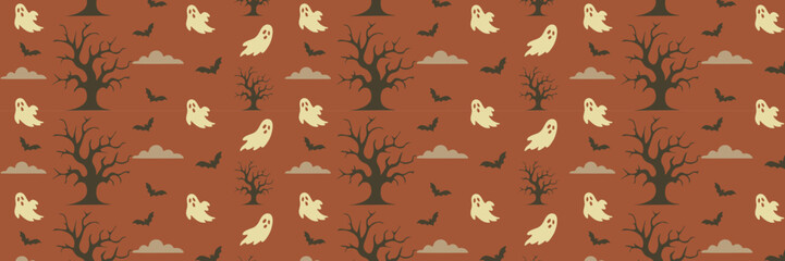 Halloween design featuring spooky ghosts, bats, leafless trees, and clouds on brown background. Perfect for seasonal decor and wrapping paper. Vector art