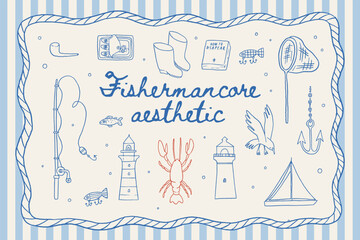 Fishermancore aesthetic whimsical line art illustration set. Nautical elements: fishing rod, boat, lighthouse, lobster, fish, sardines, seagull. Hand drawn vintage coastal design. Summer sea vector.