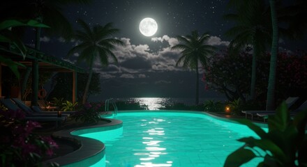 Tropical paradise swimming pool illuminated by a full moon at night