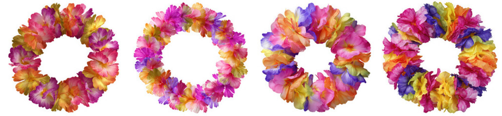 Obraz premium Four colorful floral leis arranged in a circle, isolated on transparent background