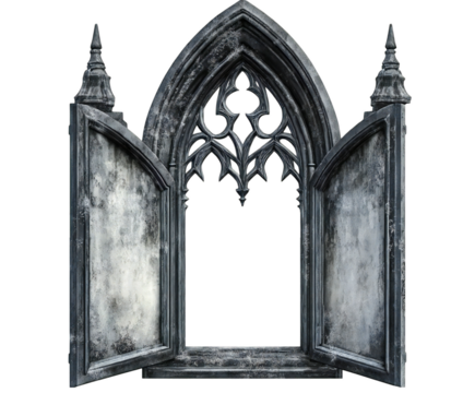 Photo of an ancient gothic stone window with ornate carvings and open doors, isolated on a transparent background