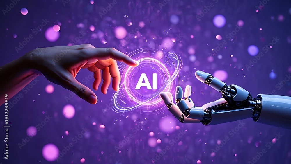 Poster human and robot hands reaching towards ai symbol with glowing particles