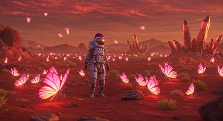 Astronaut on alien landscape with glowing butterflies