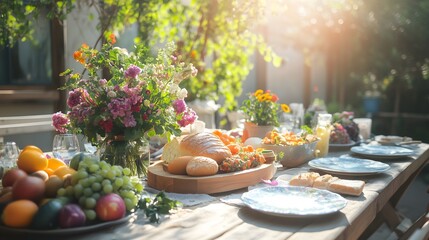 Celebration of Rosh Hashanah with a festive table decorated with fruits and traditional dishes in a serene outdoor setting