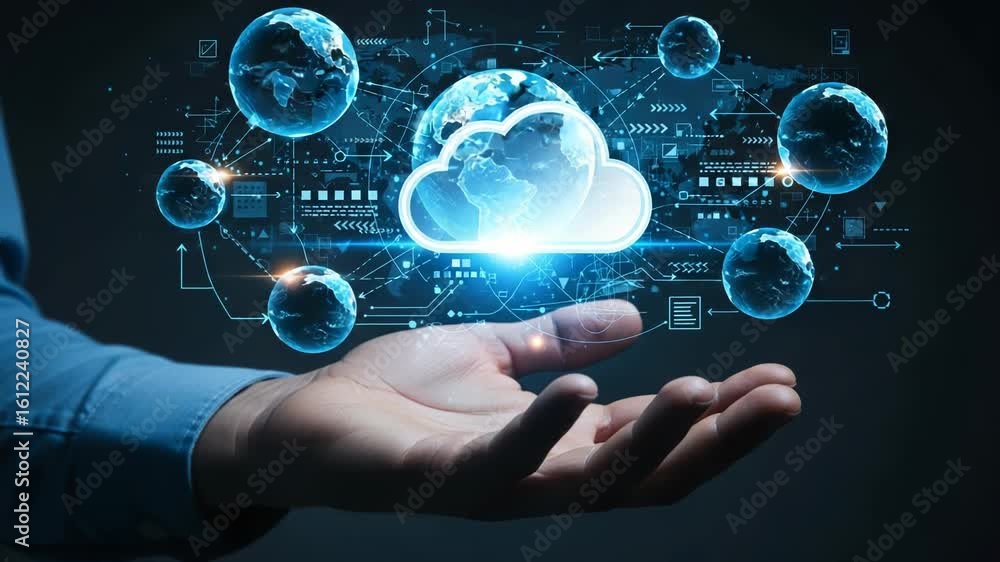 Aufkleber a persons hand holds a glowing cloud computing symbol surrounded by interconnected digital globes an