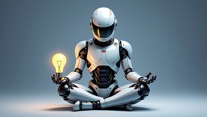 Robot meditating holding a glowing light bulb in its hand