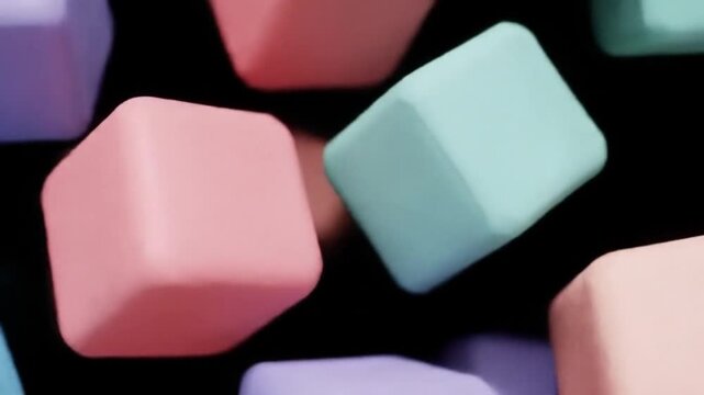 Minimal loop of rotating soft cubes in muted pastel colors, matte texture and mid-range lighting
