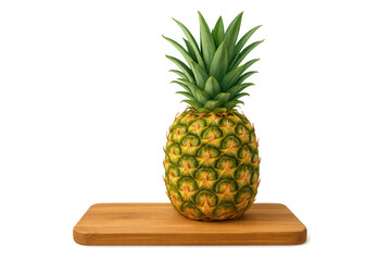 Ripe pineapple standing on wooden cutting board with transparent background