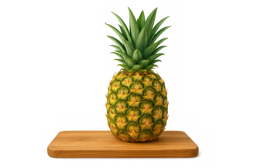 Ripe pineapple standing on wooden cutting board with transparent background