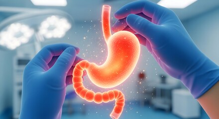 World Digestive Health Day Surgeon's hands holding a luminous stomach, symbolizing digestive health and gastroenterology care