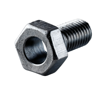 Photo of a single hexagonal metal bolt with a nut attached, isolated on a transparent background, showcasing its threaded shaft and hexagonal head