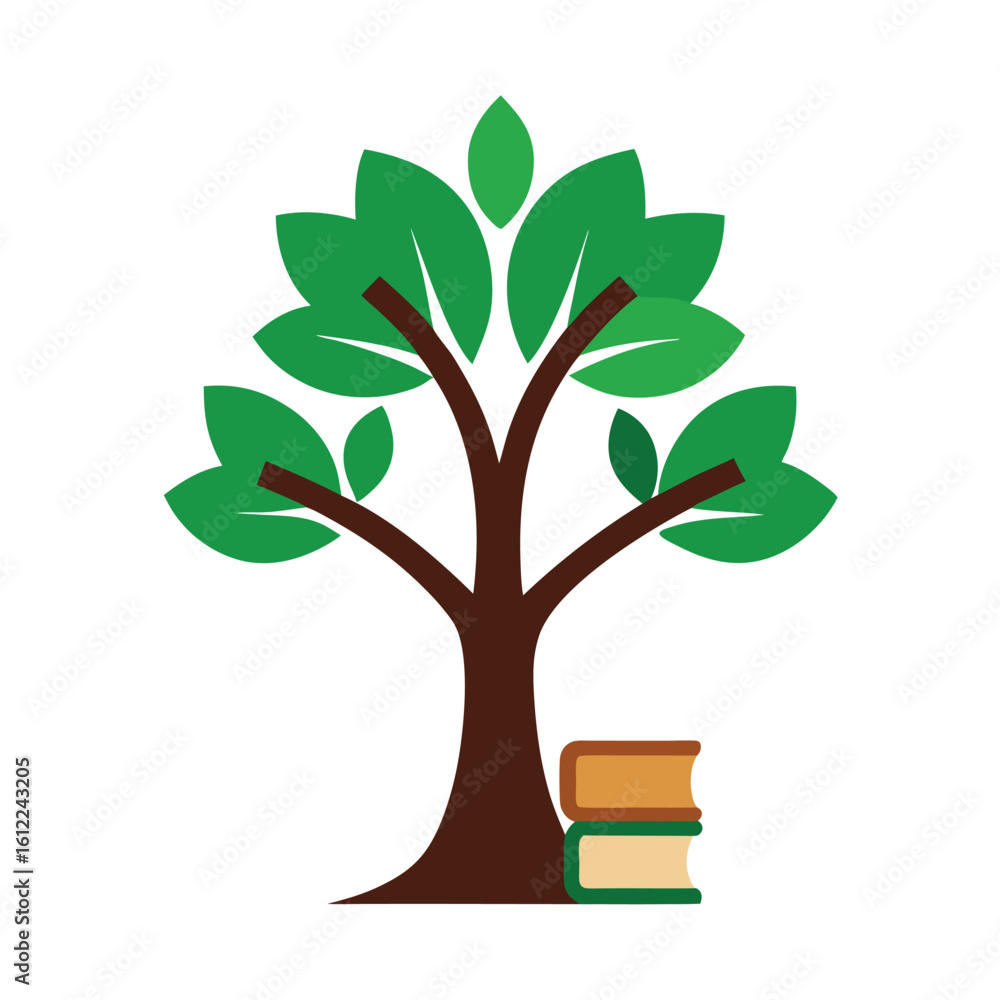 Poster study color vector art of a stylized tree with green leaves and brown branches, with two books at it