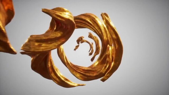 Abstract loop of golden spirals unfolding with fluid rotation, isolated on neutral background
