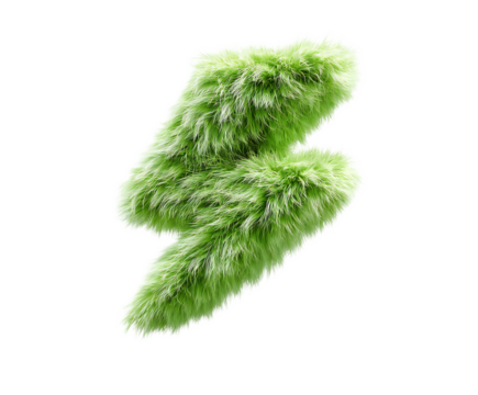 Photo of a vibrant green, furry lightning bolt symbol representing energy and power, isolated on a clean transparent background - Powered by Adobe
