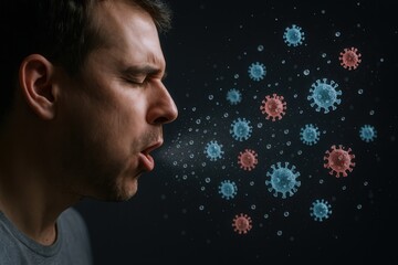Caucasian man sneezing with virus particles visualized in the air on dark background