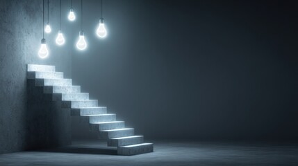 Floating Staircase of Glowing Ideas Leads to Success in a Minimalistic, Dimly Lit Space