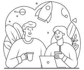 Employees Enjoying Coffee Break in Office Lounge With Indoor Plants and Cheerful Vibes in a Creative Startup Atmosphere With a Stroke Black Color