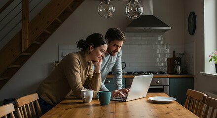 Happy millennial couple using a laptop together in their modern kitchen, planning, shopping online, or managing finances from home.