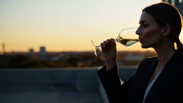 Woman enjoying a glass of wine while standing on a rooftop during sunset, with a stunning skyline view in the background, capturing a moment of relaxation and elegance in an urban setting