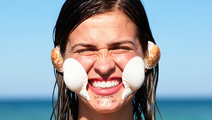 Woman with Seashells on Face and Chin Inscription