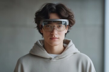 Young man using AR glasses for futuristic technology experience