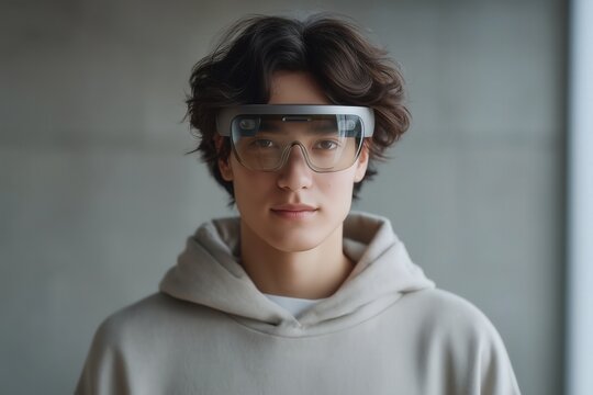 Young man using AR glasses for futuristic technology experience - Powered by Adobe