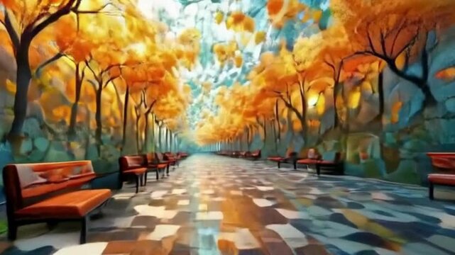 Vibrant autumn park alley with orange trees and empty benches, abstract impressionist style background