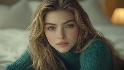 Obraz premium Woman in Teal Sweater.