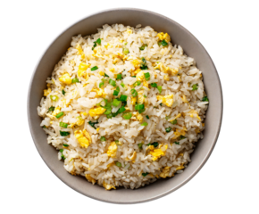 Photo of a bowl of fluffy fried rice with scrambled egg and chopped green onions, isolated on a transparent background