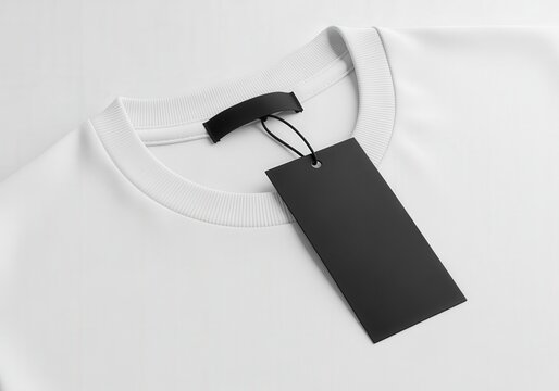 Minimalist black apparel tag label mockup on white clothing for branding and design