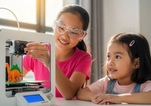 Curious girls engaged in desktop 3D printing with dinosaur toy creation