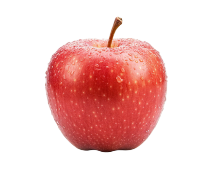 Photo of a single, ripe red apple with water droplets glistening on its skin, isolated on a pure transparent background