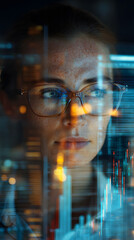 Focused female data analyst, high-tech office at night with glowing transparent data screen, analytical and intense mood, soft ambient lighting with screen reflections, complex code overlays and stock