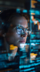 Focused female data analyst, high-tech office at night with glowing transparent data screen, analytical and intense mood, soft ambient lighting with screen reflections, complex code overlays and stock