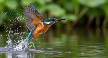 A vibrant kingfisher bird emerges from the water with a dramatic splash, wings spread wide