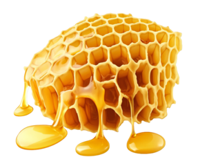 Photo of a glistening chunk of honeycomb, dripping with golden honey, showcasing its intricate hexagonal cells and natural sweetness, isolated on a clean transparent background