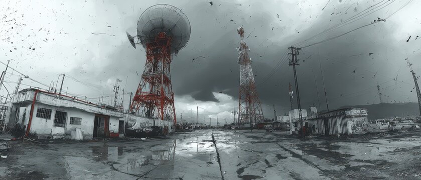 Communication towers in a stormy landscape