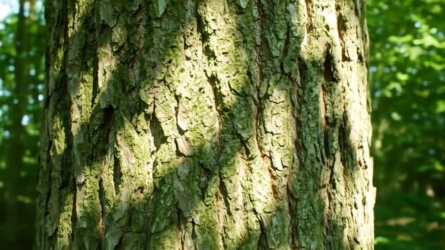 Close-up of bark with sun shining, trees in background. Texture for design element