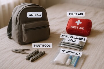 Emergency preparedness with go bag essentials laid out on a bed for survival planning