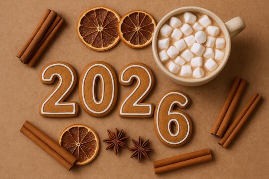 Festive New Year 2026 gingerbread cookies with cinnamon sticks and hot cocoa