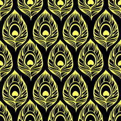 seamless pattern of yellow stylized peacock feathers on a black background, texture, design