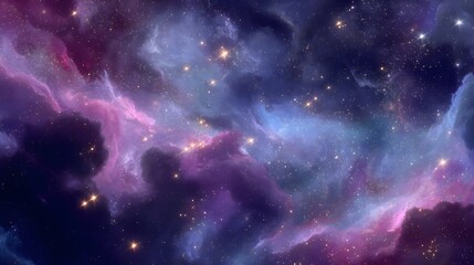Naklejka premium Vibrant cosmic abstract art featuring swirling nebula cloud deep blue magenta tone glowing golden star scattered across scene set against realistic high resolution outer space background distant